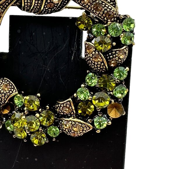 Wreath Brooch Pin With Green Rhinestones Bronze Bow Holiday Jewelry Lapel - Picture 4 of 16